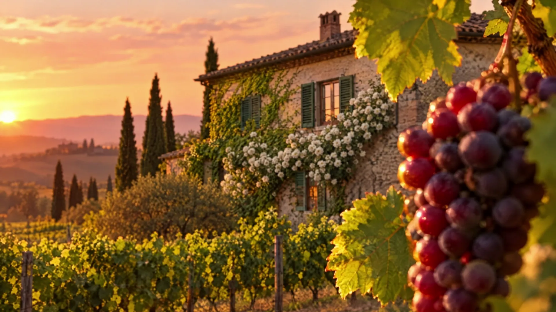 Il casale di Casa Sola al tramonto, con un grappolo di Sangiovese in primo piano