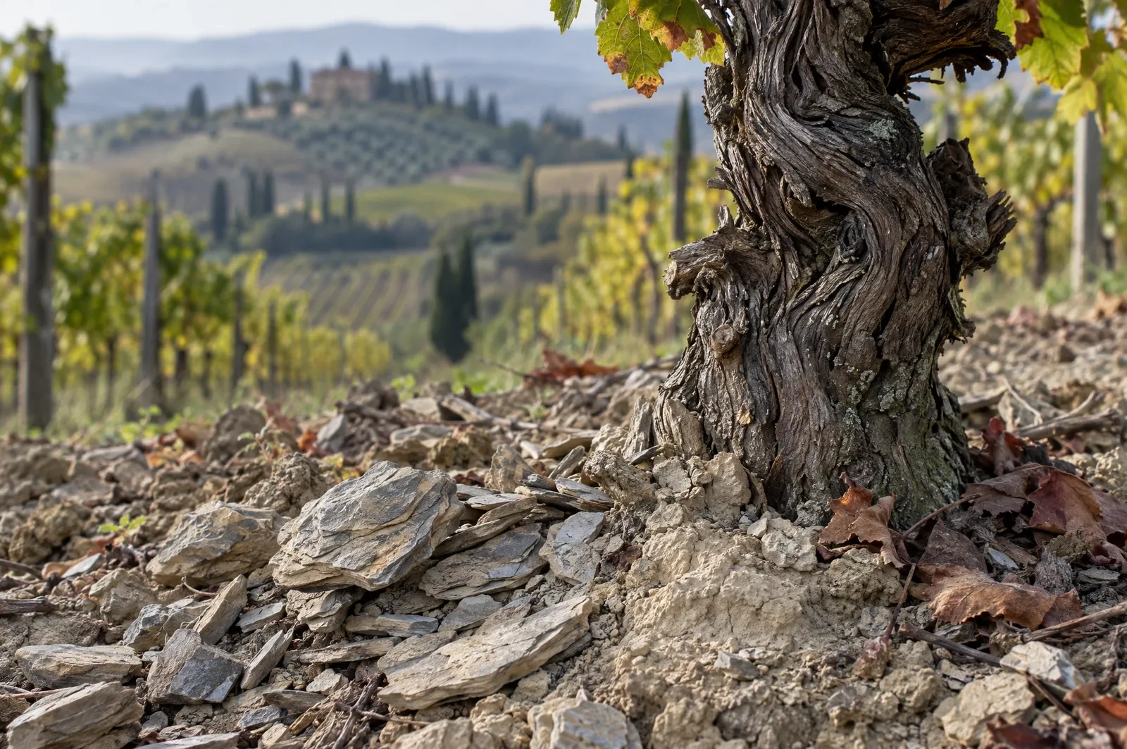 Galestro-Mergel und Ton am Fuß einer Sangiovese-Rebe