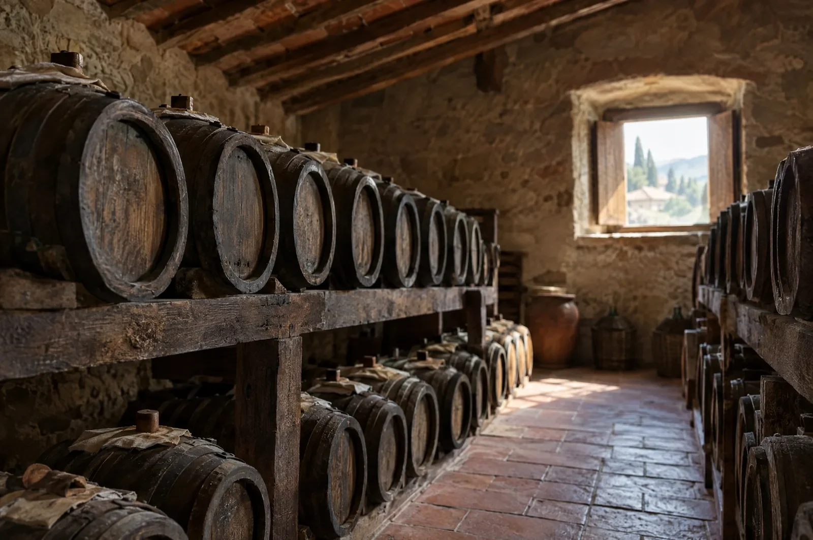 Pequeñas barricas de madera para el Vin Santo bajo el tejado