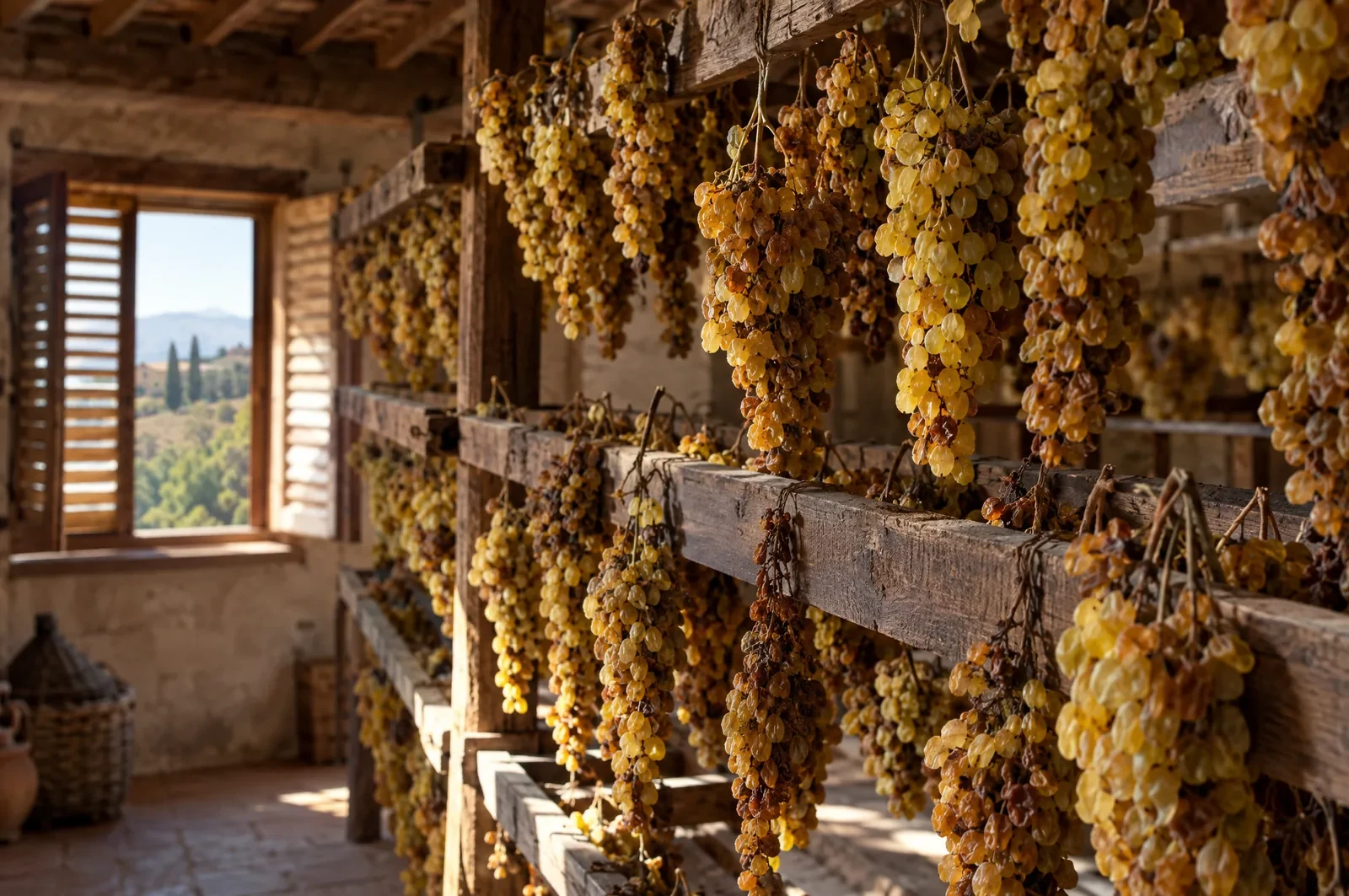 Uvas de Malvasia y Trebbiano colgadas a pasificar