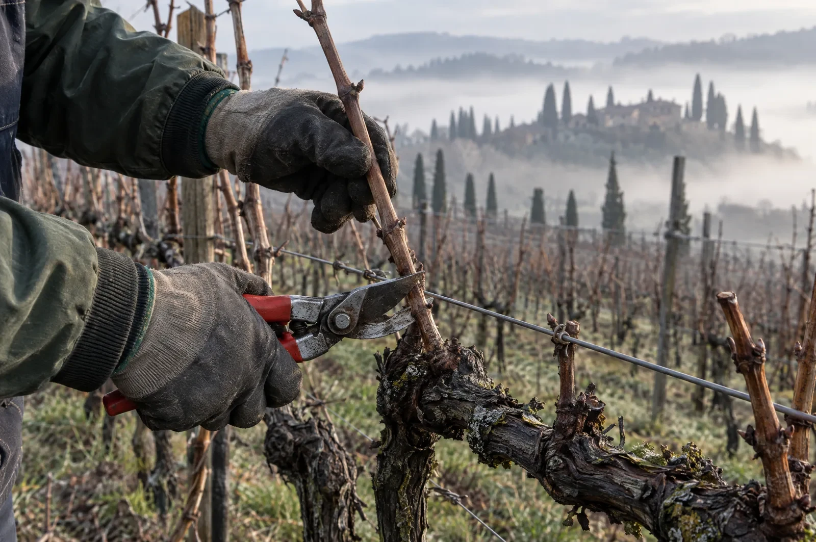 Winterschnitt der Reben im Chianti Classico