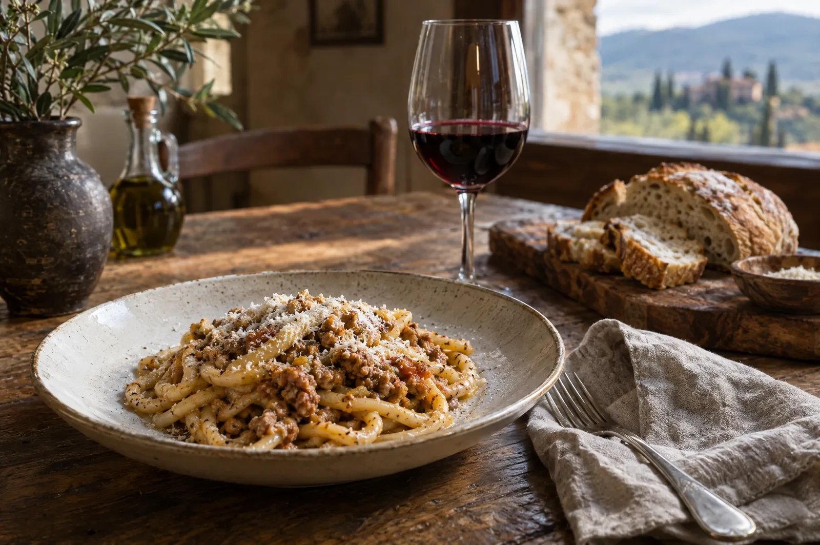 Pici al ragú blanco con una copa de Chianti Classico