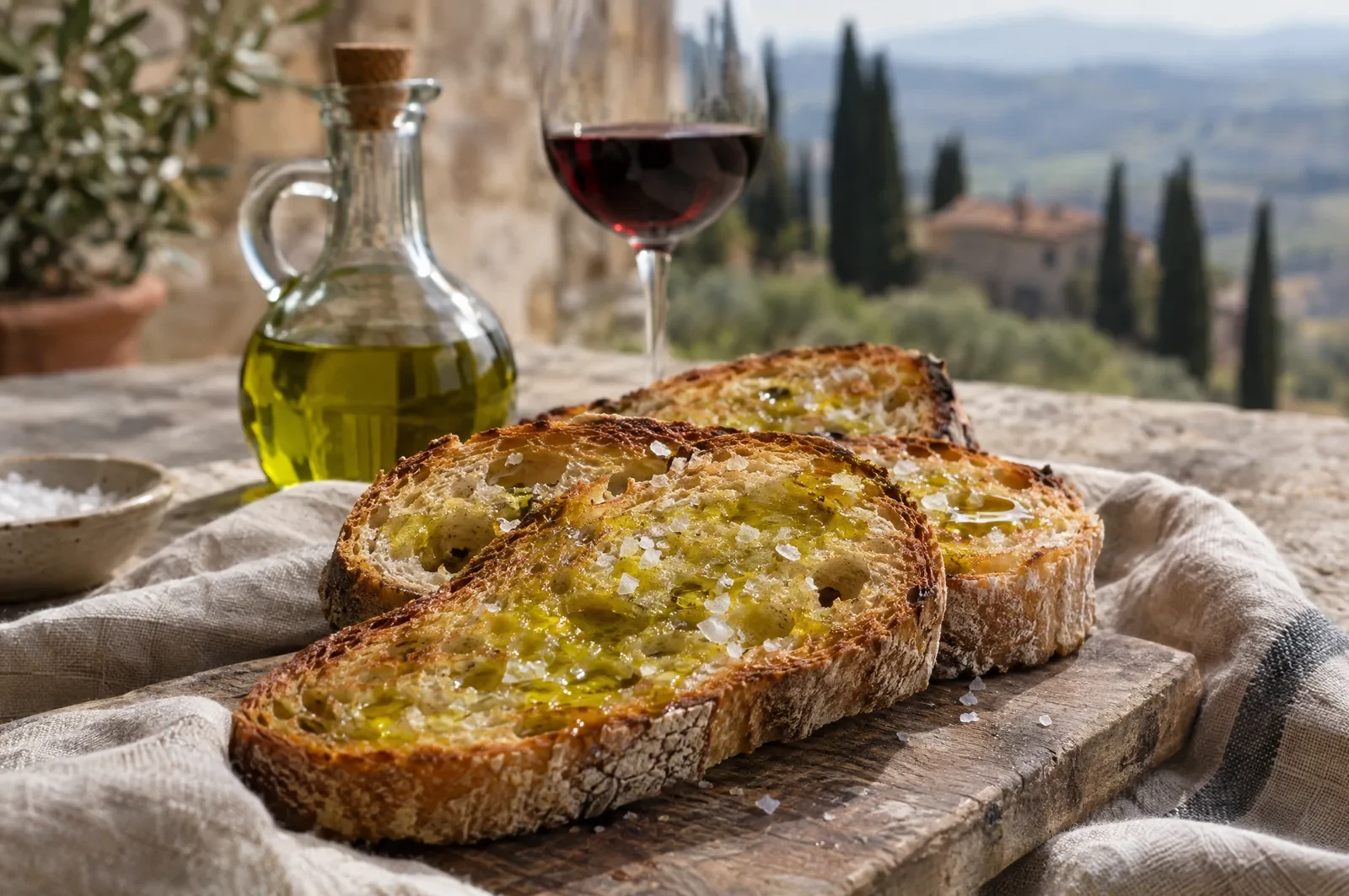 Pan toscano con aceite de oliva virgen extra nuevo y sal